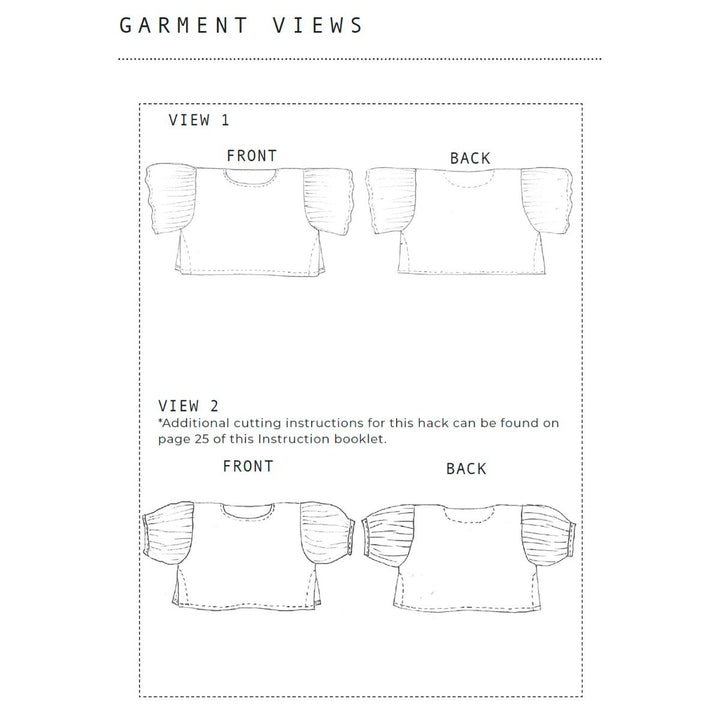 Technical drawing of a garment with front and back views labeled.