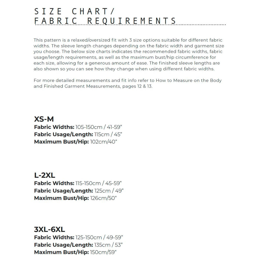 Fabric requirements chart for different size ranges with fabric width and length specifications.