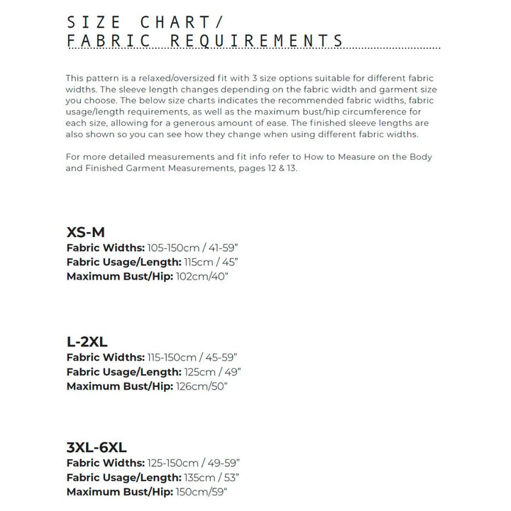 Fabric requirements chart for different size ranges with fabric width and length specifications.