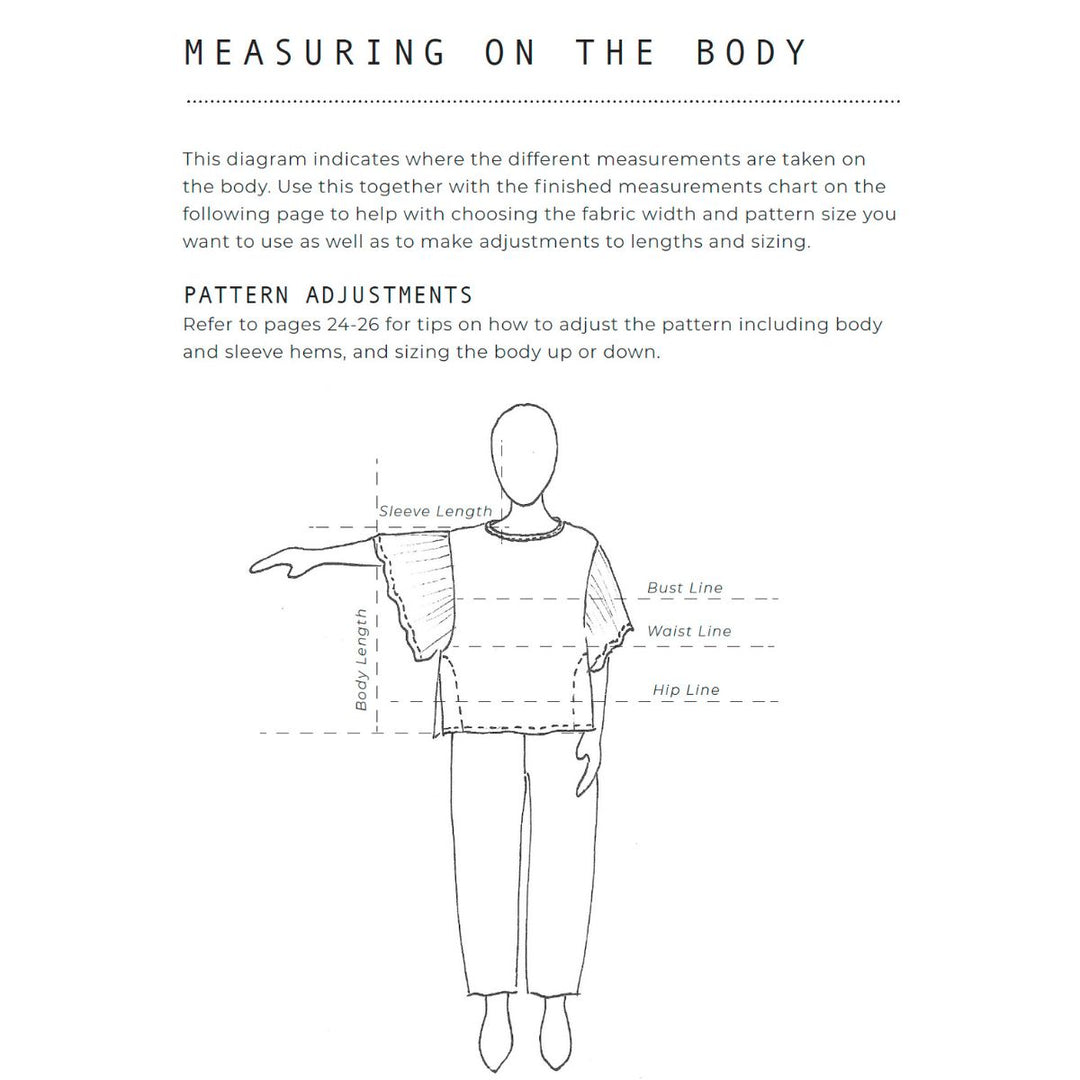 Diagram showing body measurements for pattern adjustments in clothing design.
