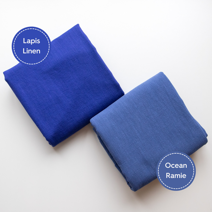 Two folded blue fabrics labeled 'Lapis Linen' and 'Ocean Ramie' on a white background.