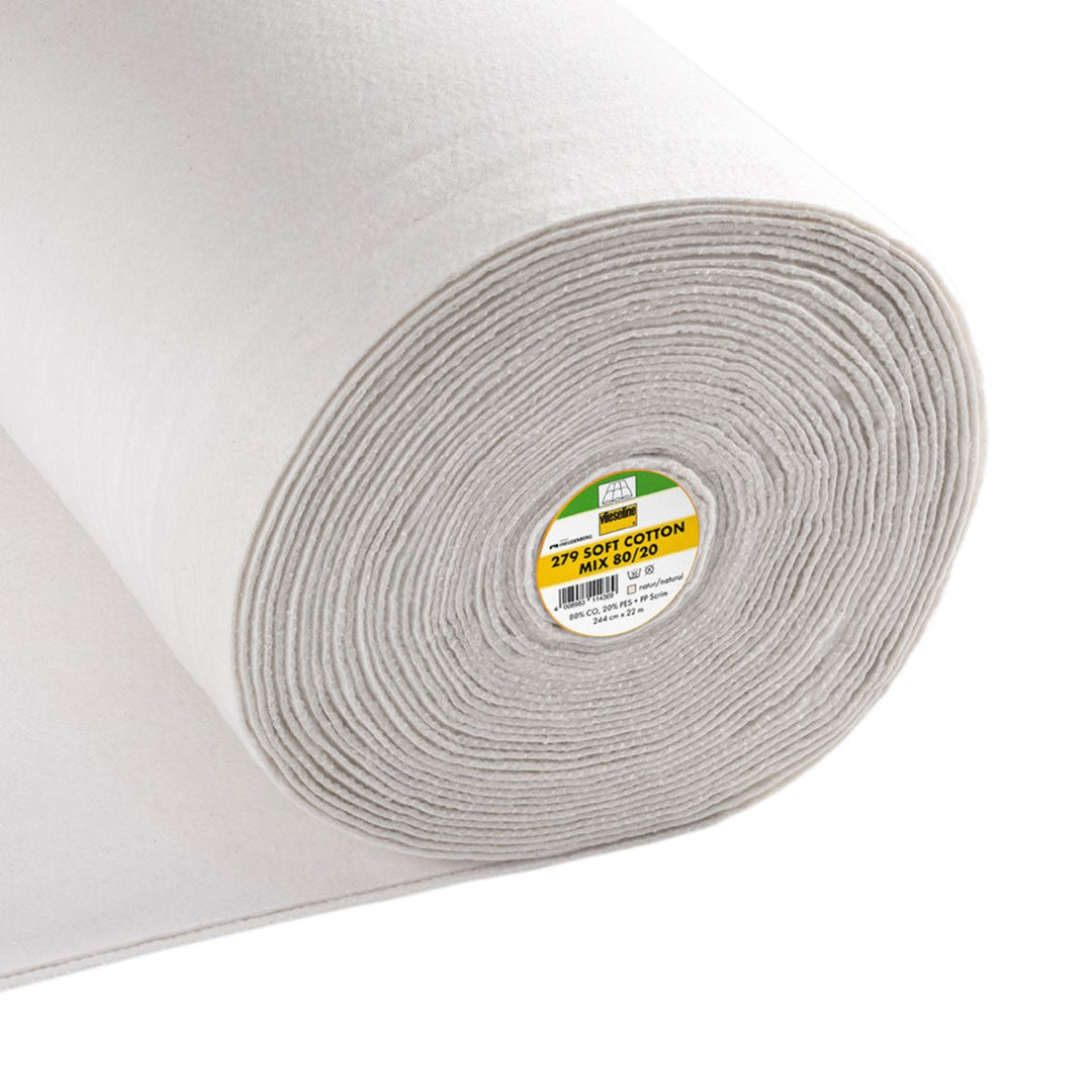 Roll of quilting fabric with a label on a white background