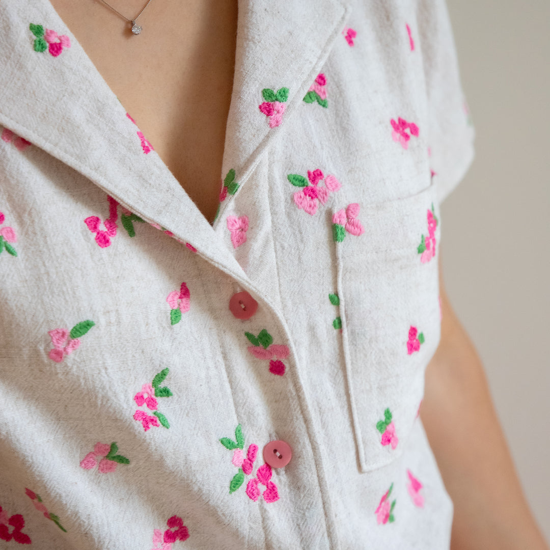 Bougainvillea Blooms Embroidered Viscose Linen - Guthrie & Ghani Exclusive