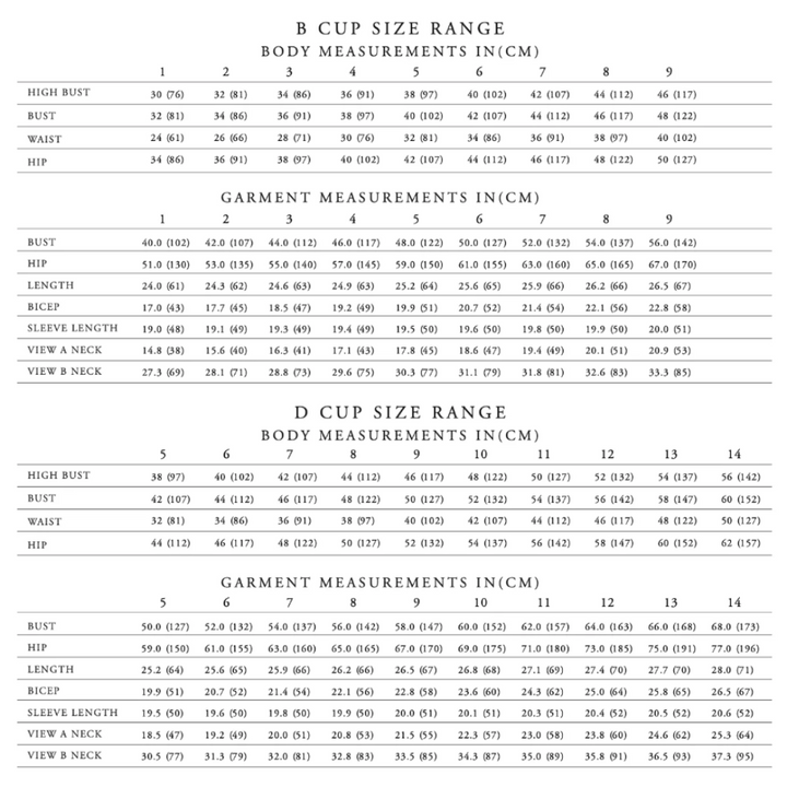 Nepheline size chart sq