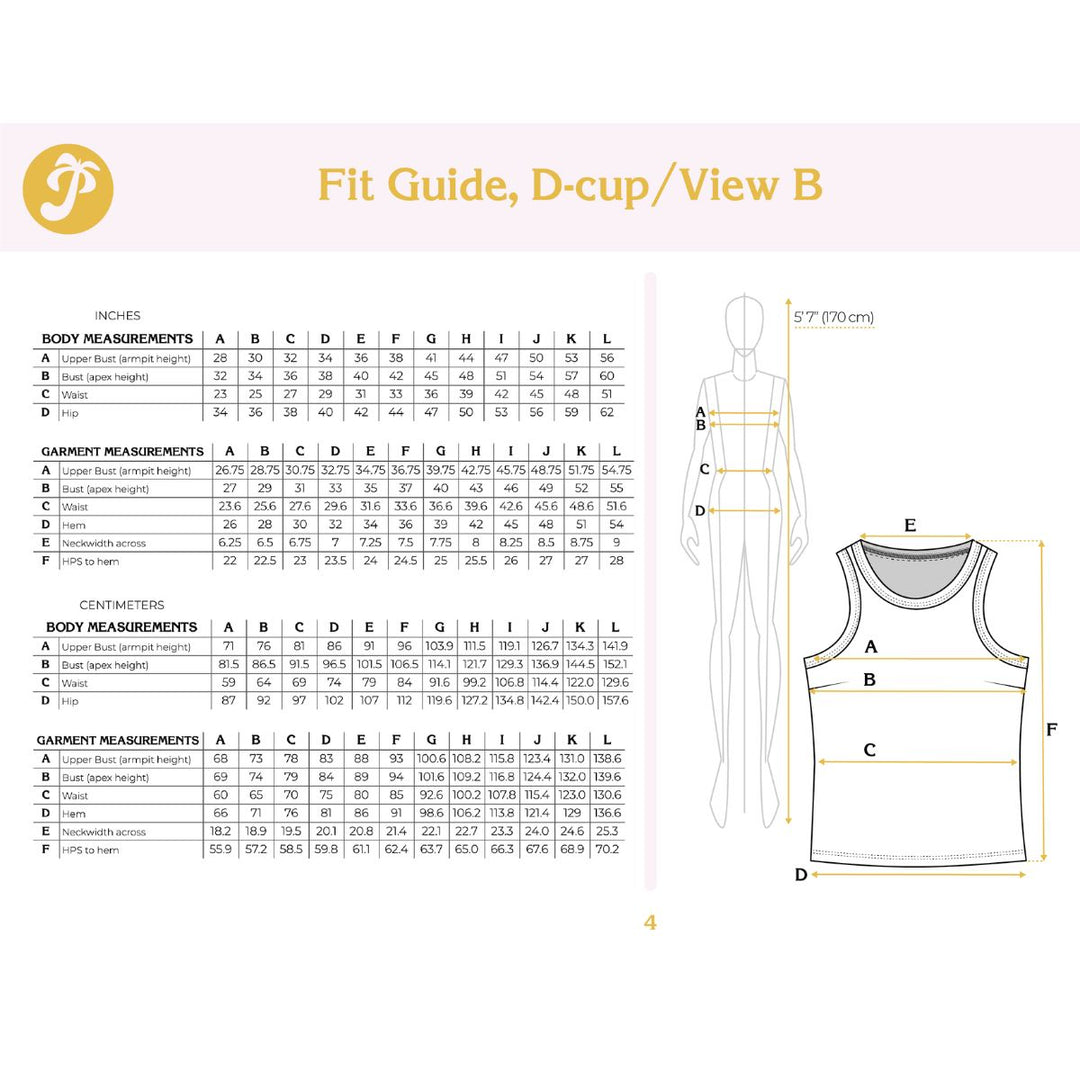 Fit guide for a tank top with measurements and a mannequin illustration on a white background.