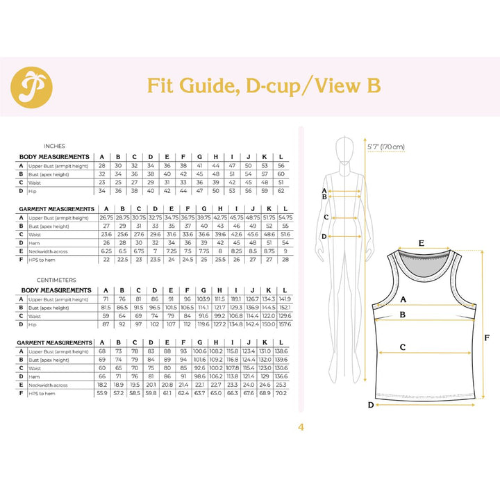 Fit guide for a tank top with measurements and a mannequin illustration on a white background.