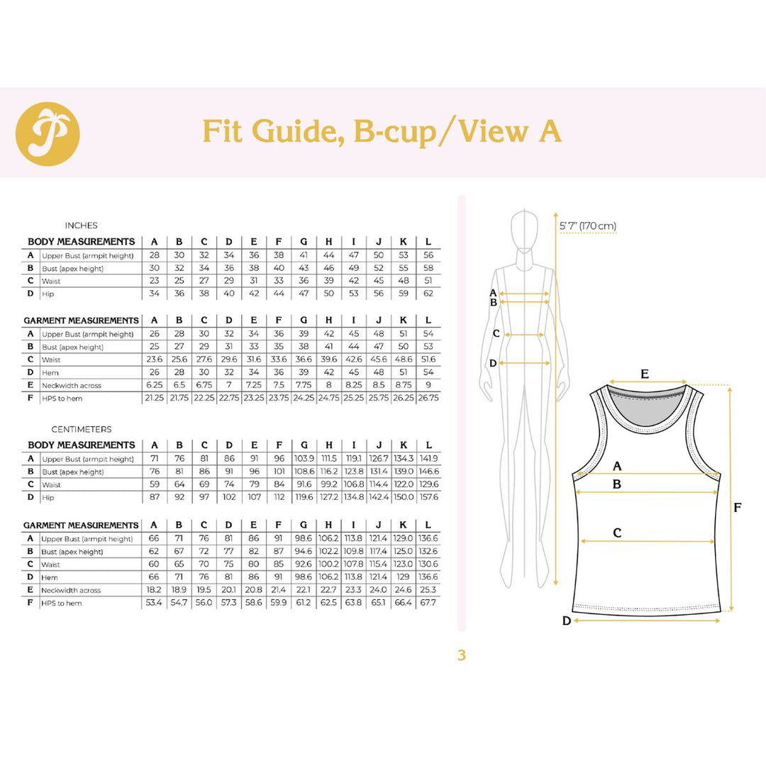 Fit guide for tank tops with measurements and a mannequin illustration on a white background.