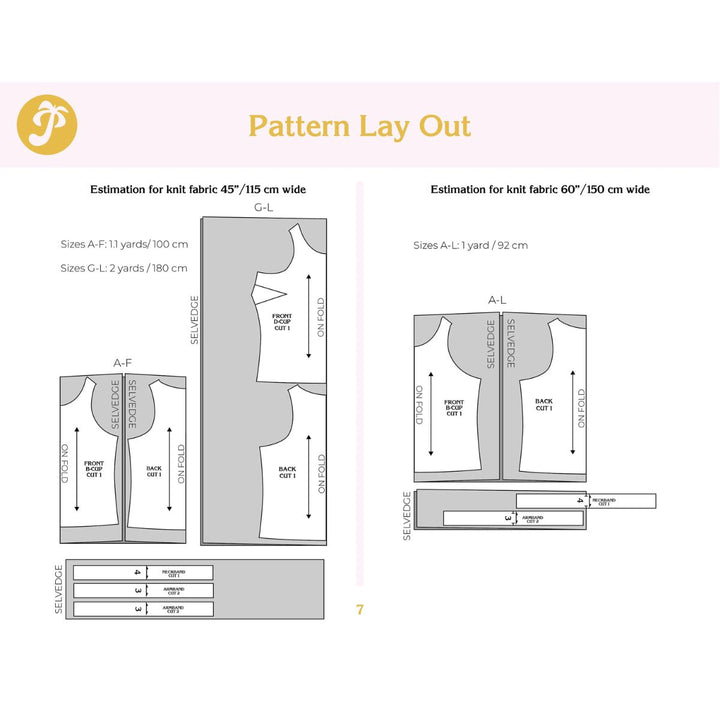 Pattern layout diagram for knit fabric with measurements and fabric width options.