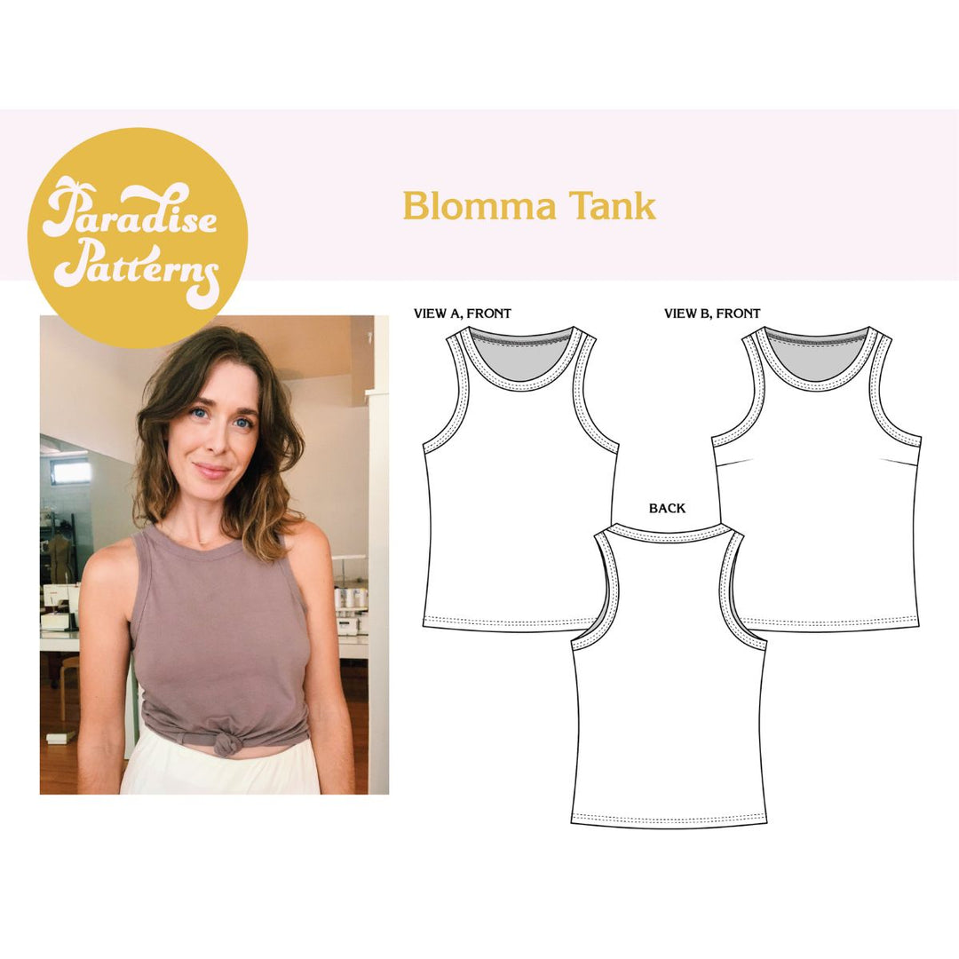 Woman wearing a tank top with Paradise Patterns branding and Blomma Tank design on a white background.