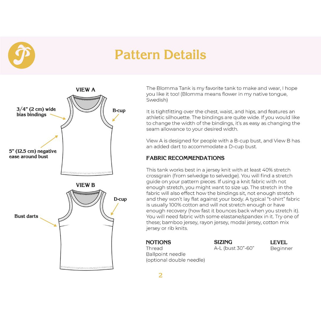 Pattern details for a tank top with fabric recommendations and measurements on a white background.