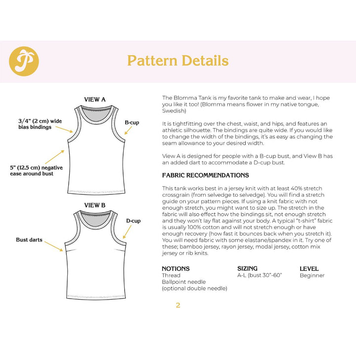 Pattern details for a tank top with fabric recommendations and measurements on a white background.