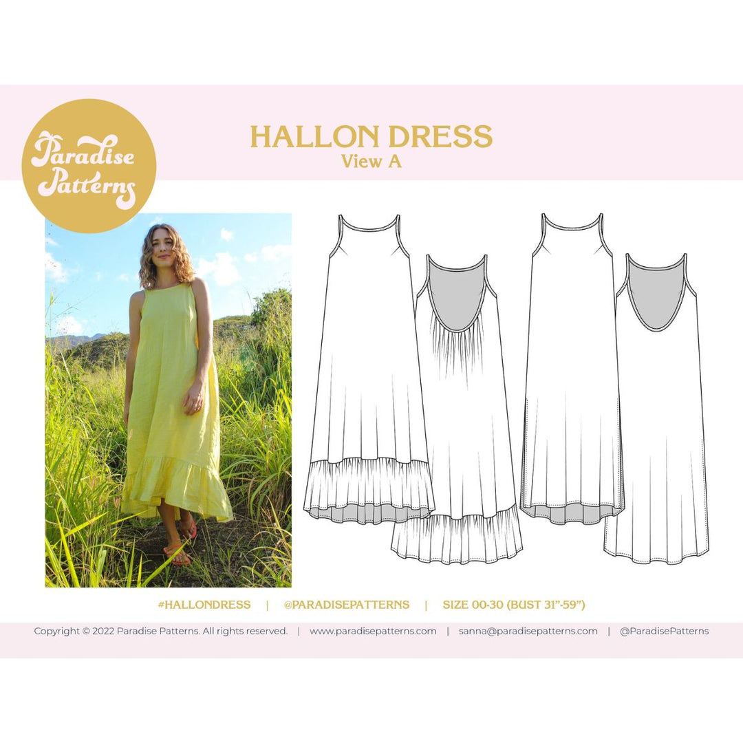 Sewing pattern for a Hallon Dress with a model wearing the dress and pattern diagrams.