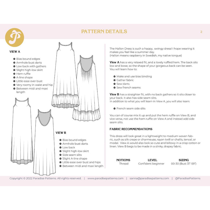 Pattern details for a dress with fabric recommendations and size chart on a white background.