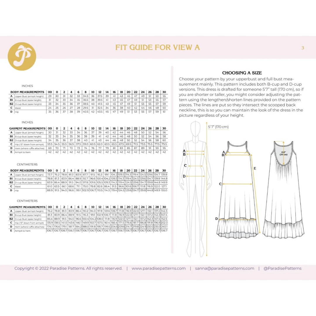 Dress pattern fit guide with measurements and size chart on a white background