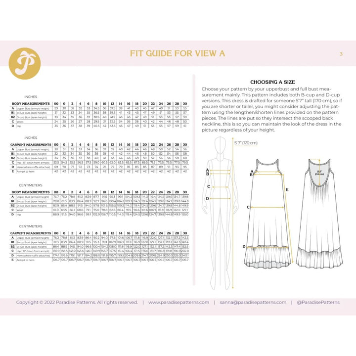 Dress pattern fit guide with measurements and size chart on a white background