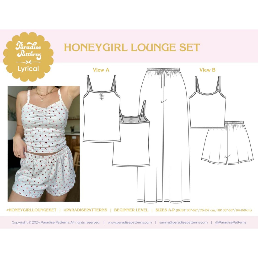 Honeygirl Lounge Set pattern with a woman wearing the set and line drawings of different views.