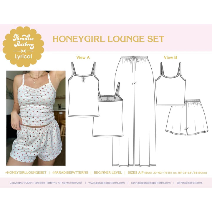 Honeygirl Lounge Set pattern with a woman wearing the set and line drawings of different views.