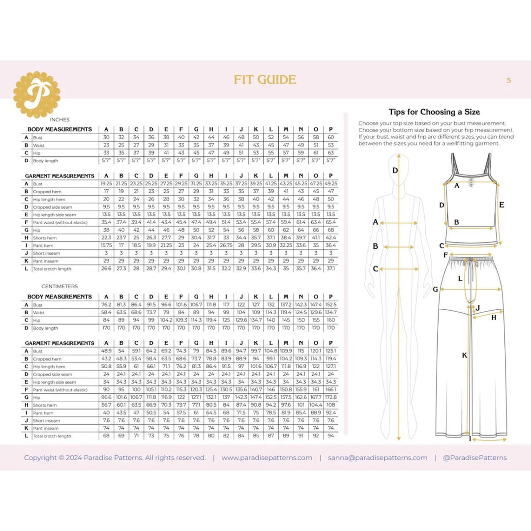 Fit guide with measurement charts and a diagram of a top and pants on a light pink background.