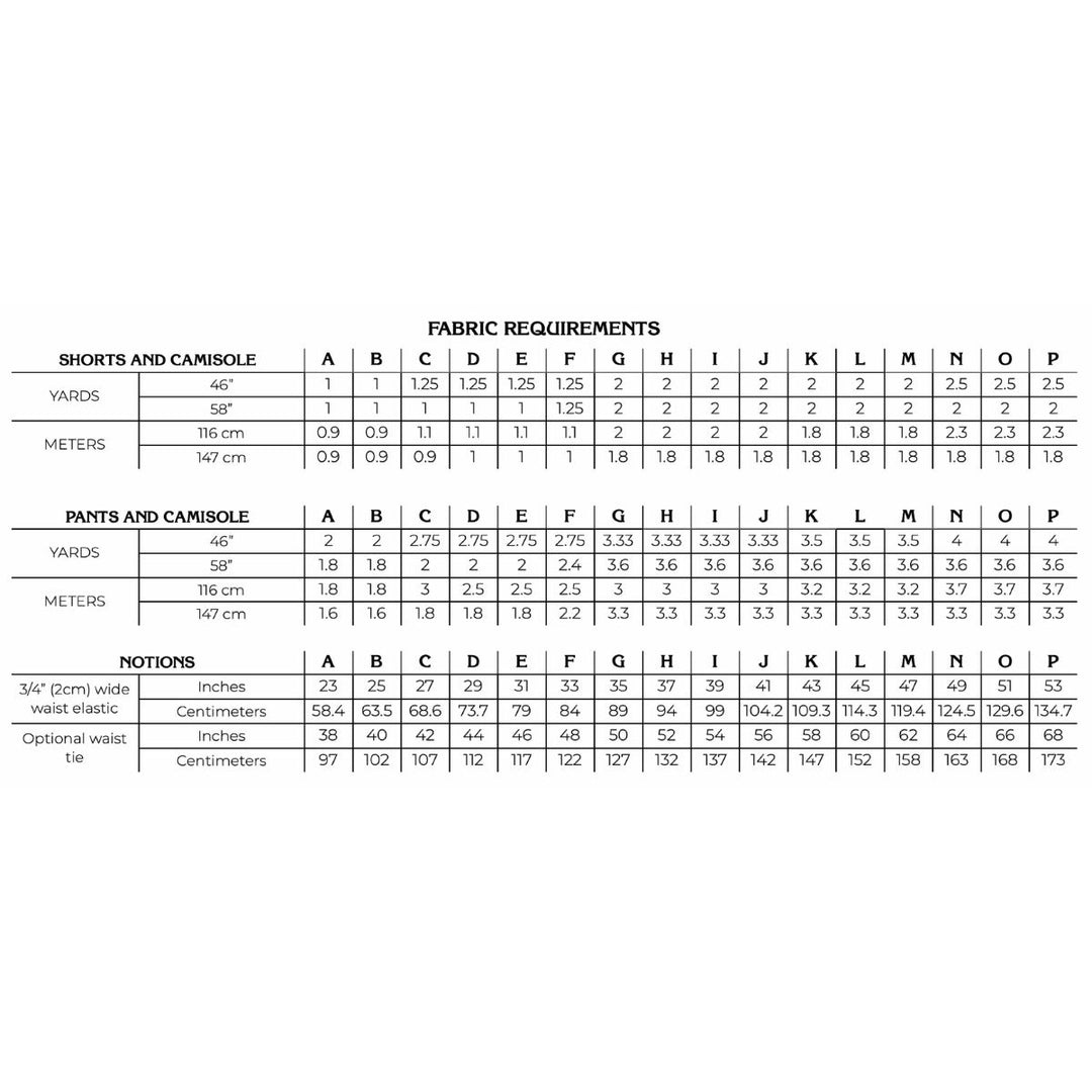 Fabric requirements chart for shorts and camisoles with measurements in yards and meters.
