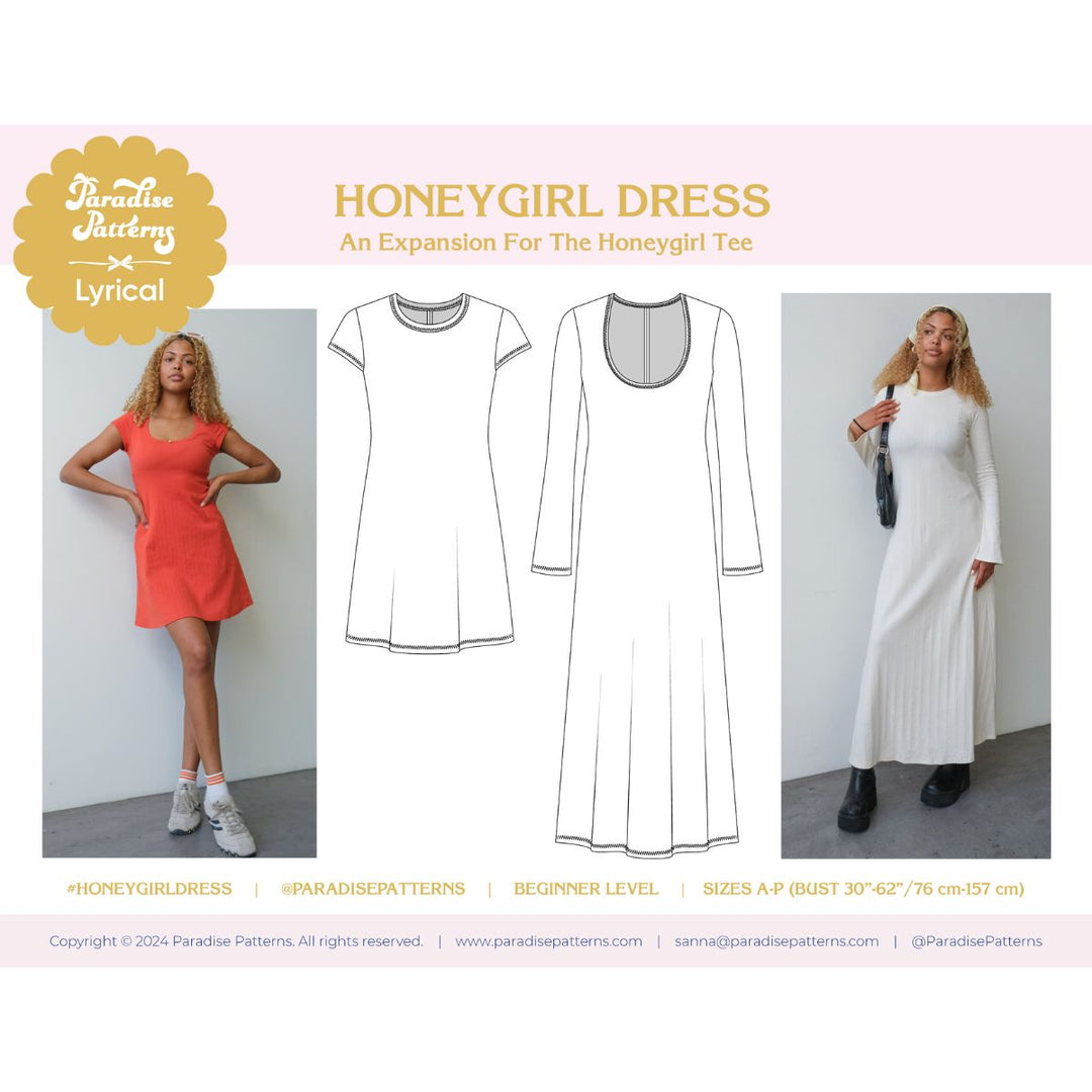 Promotional image of the Honeygirl Dress pattern with a model wearing a red dress and a white dress, and line drawings of the dress.