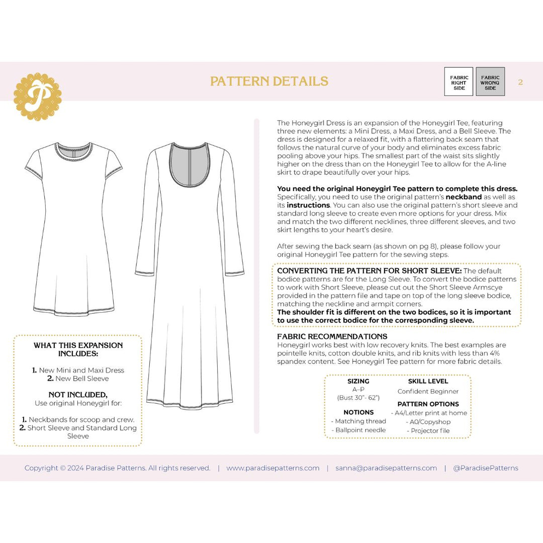 Pattern details for a dress design with text and fabric recommendations on a white background.