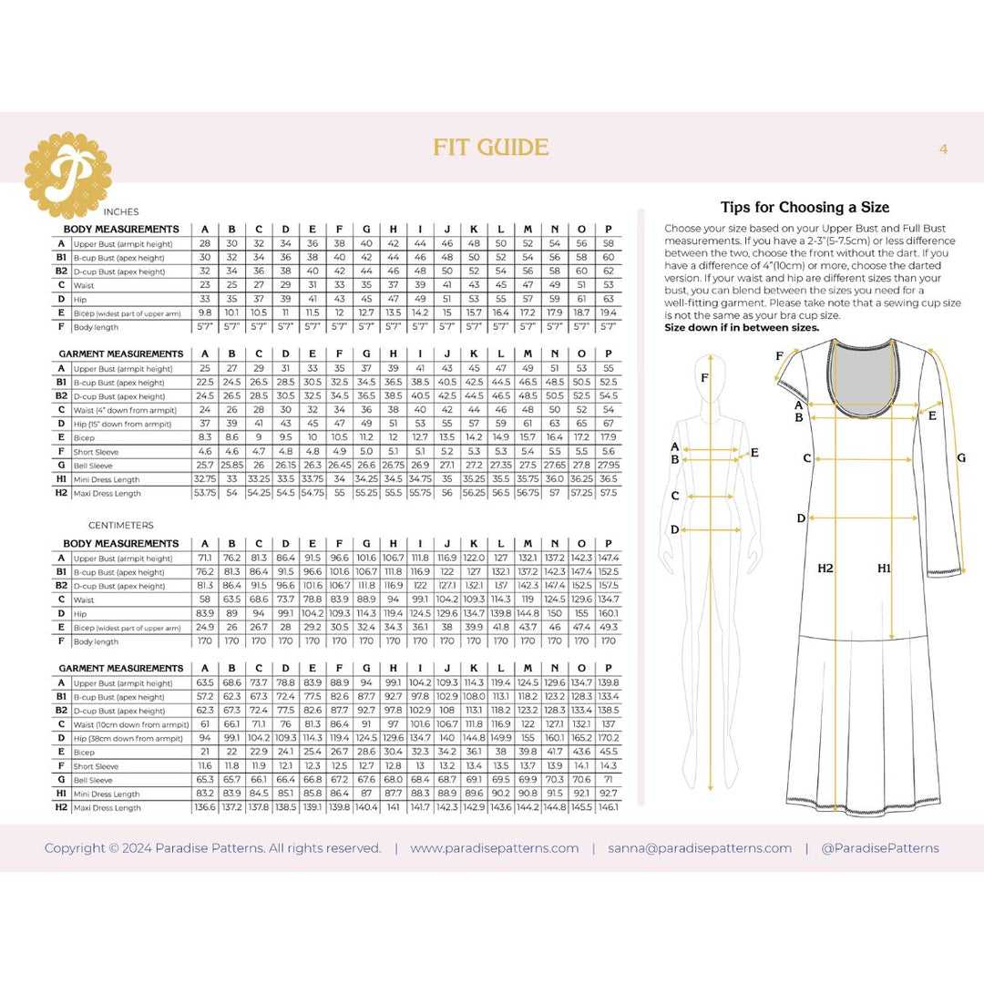 Fit guide for a dress with measurement chart and diagram on a white background