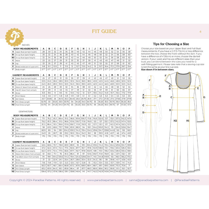 Fit guide for a dress with measurement chart and diagram on a white background