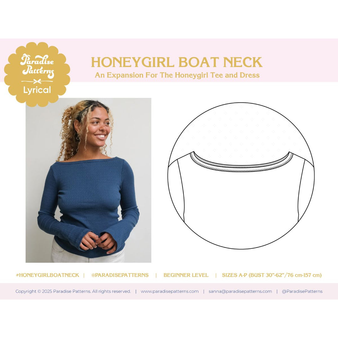 Paradise Patterns Honeygirl Boat Neck expansion for clothing with a model wearing a blue shirt and a line drawing of the neckline.
