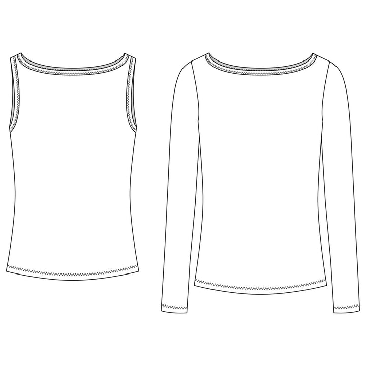 Line drawing of a long-sleeve shirt and tank top on a white background