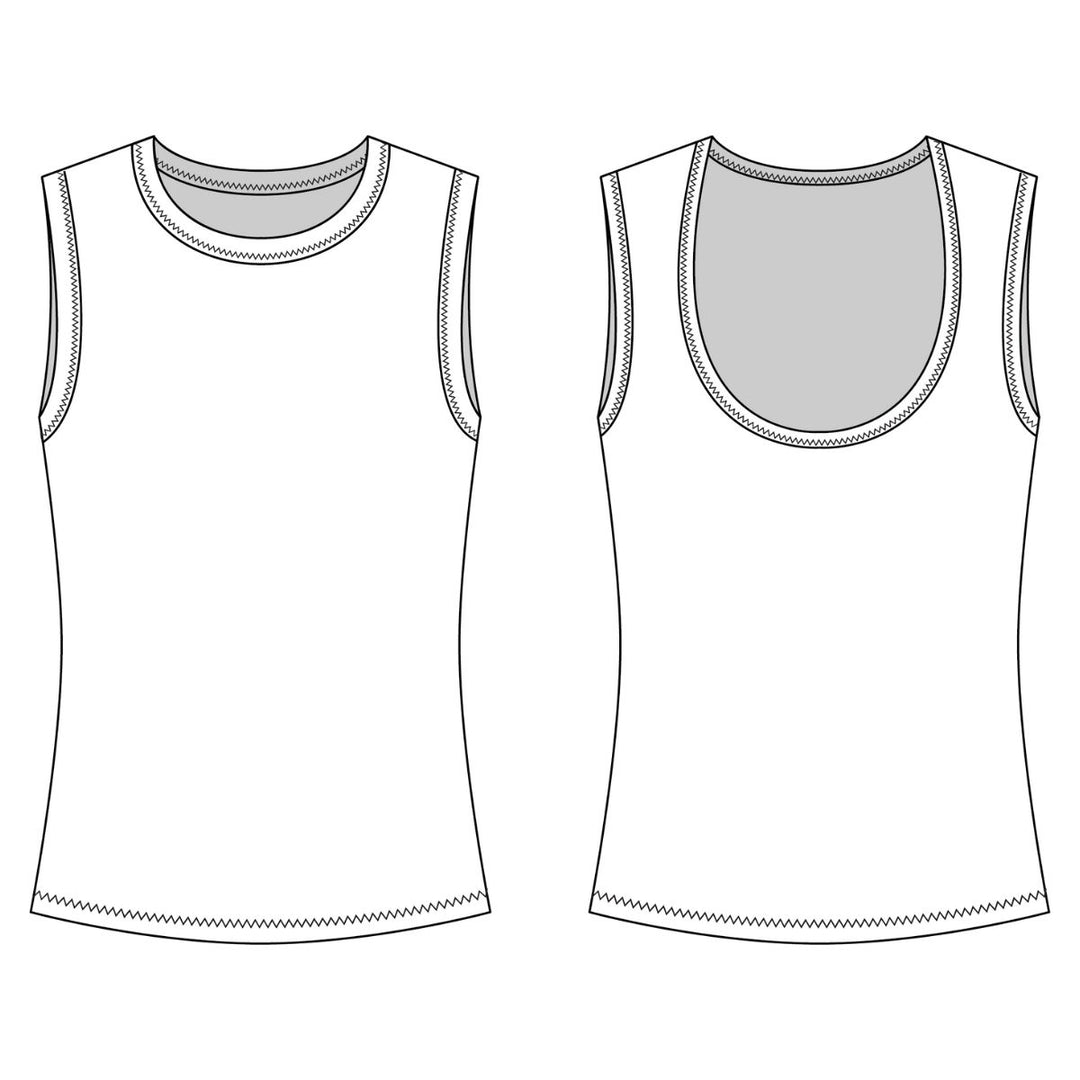 Line drawing of a sleeveless top from front and back views on a white background