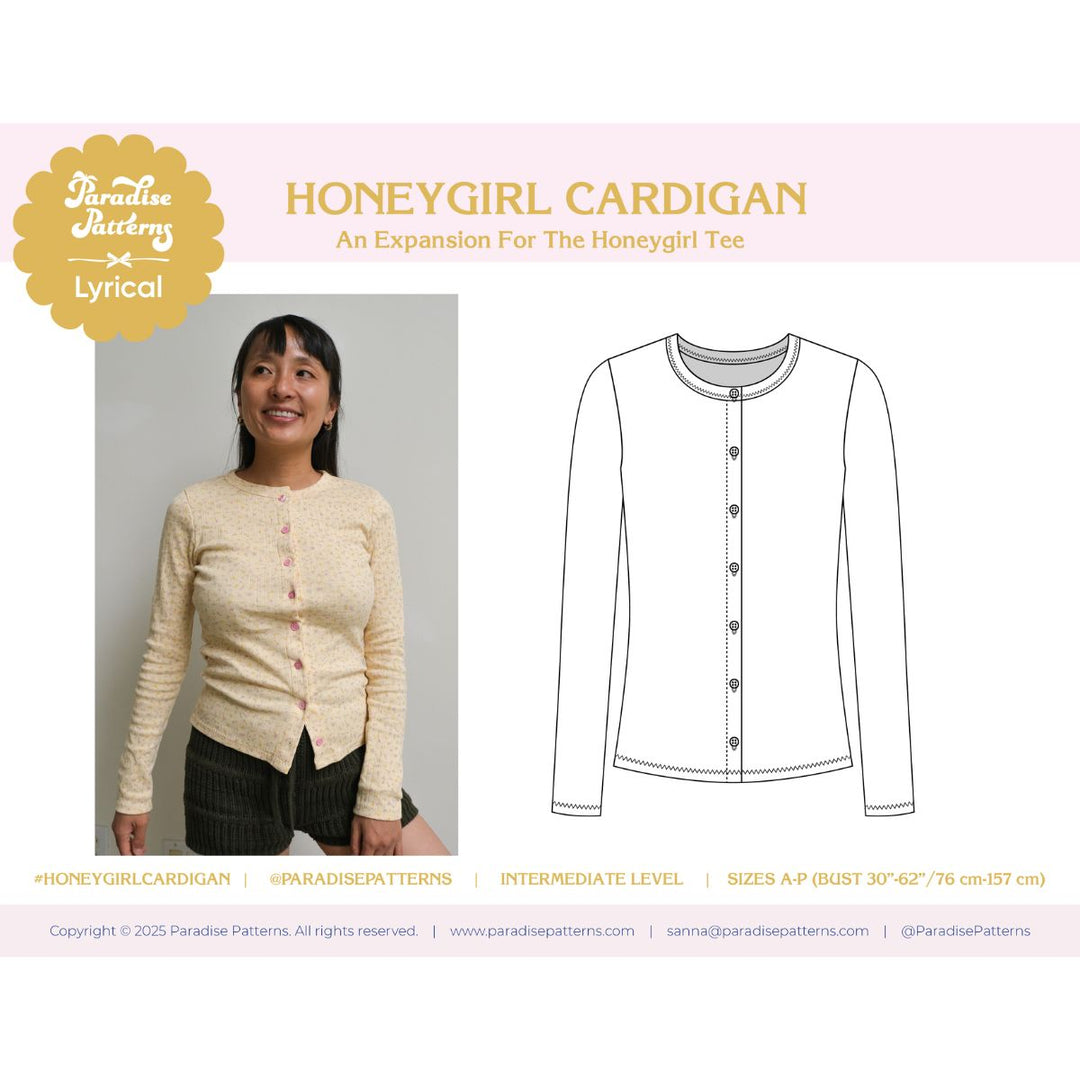 Paradise Patterns Honeygirl Cardigan sewing pattern with a model wearing the cardigan and a line drawing of the cardigan.