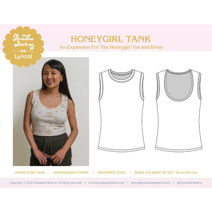 Paradise Patterns Honeygirl Tank pattern with a model wearing the garment and line drawings of the tank.