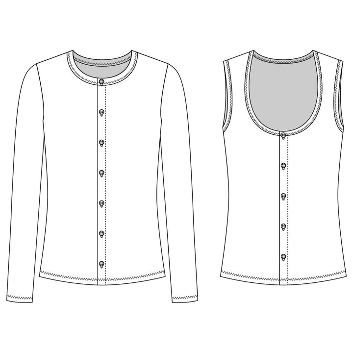Technical drawing of a long-sleeve shirt and a sleeveless top on a white background