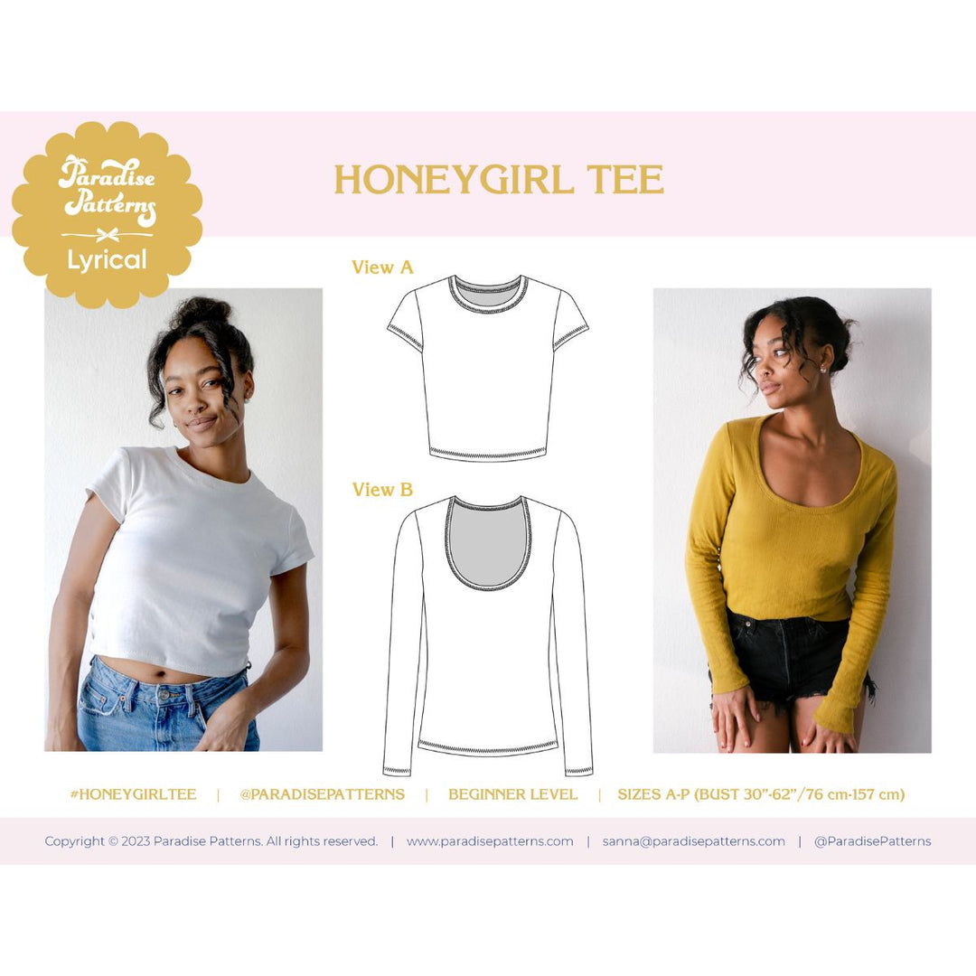Honeygirl Tee pattern with two views and a model wearing a yellow top.
