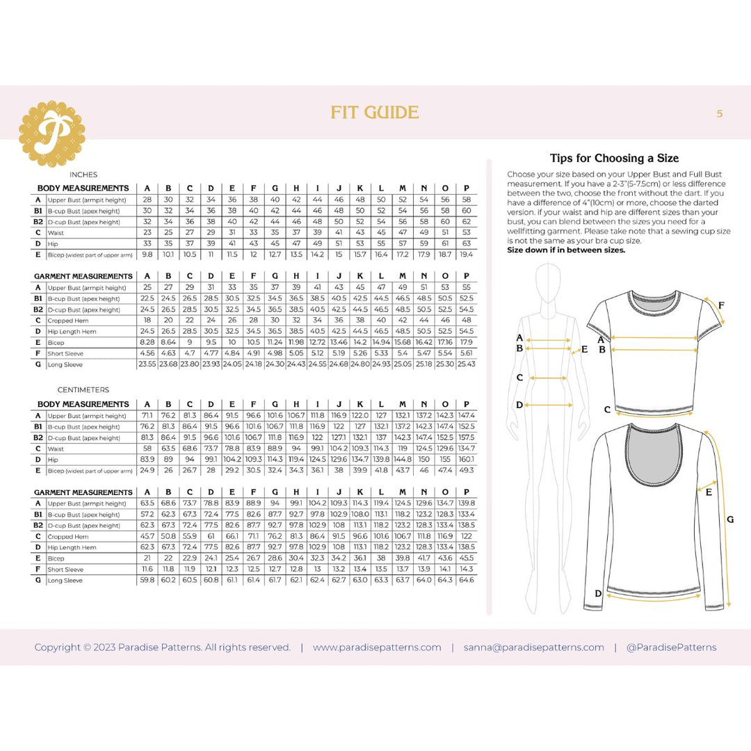 Fit guide for garment measurements with illustrations of shirts on a light pink background