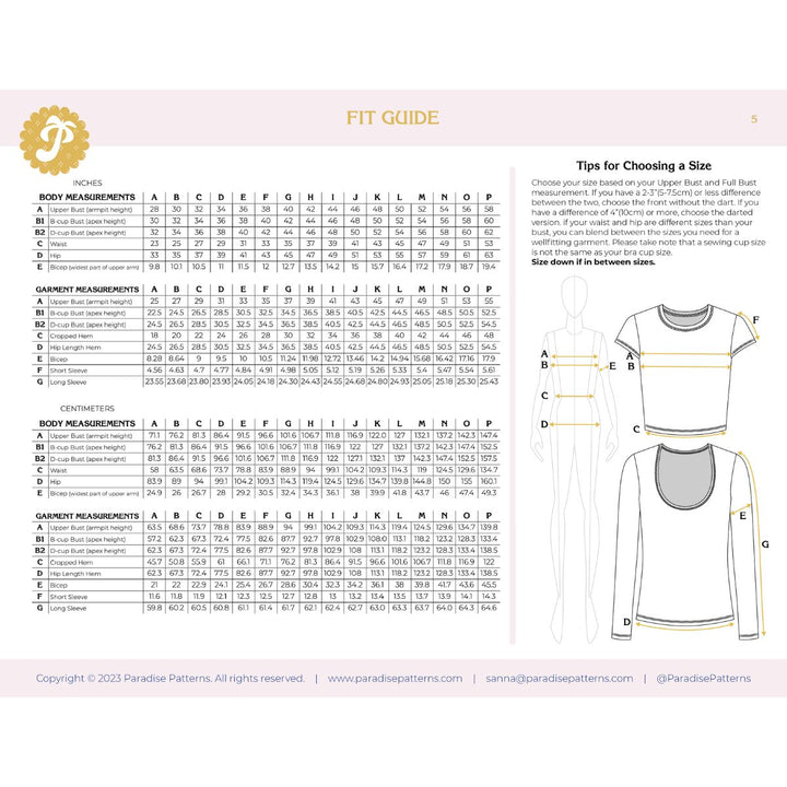 Fit guide for garment measurements with illustrations of shirts on a light pink background