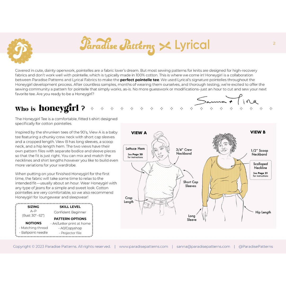 Paradise Patterns x Lyrical pattern for a garment with illustrations and text.