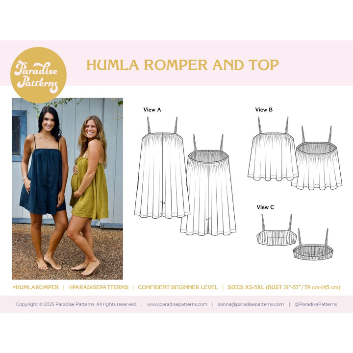 Patterned paper for Humla romper and top with two models and pattern views.