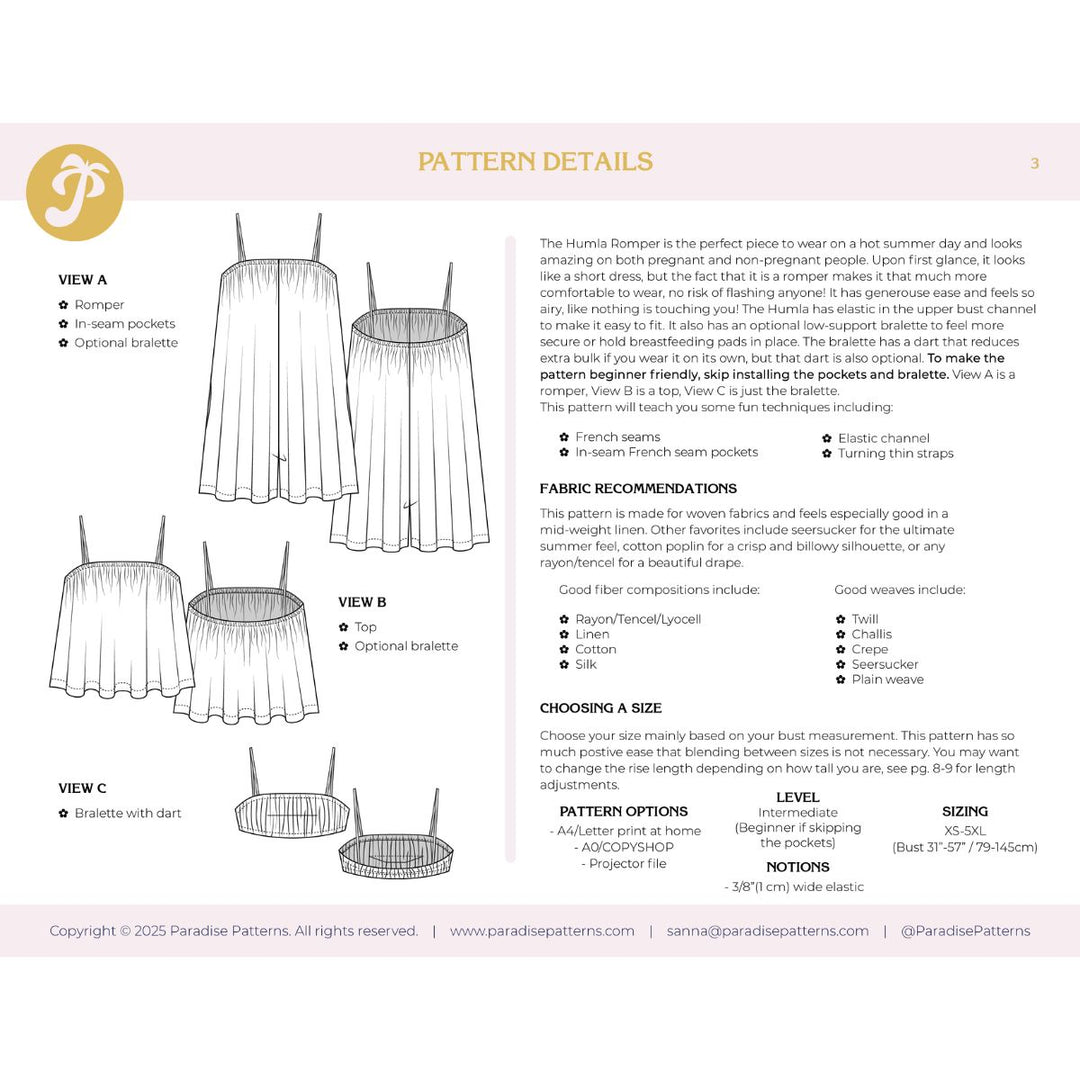 Pattern details for a garment with illustrations of different views and text on a light pink background.