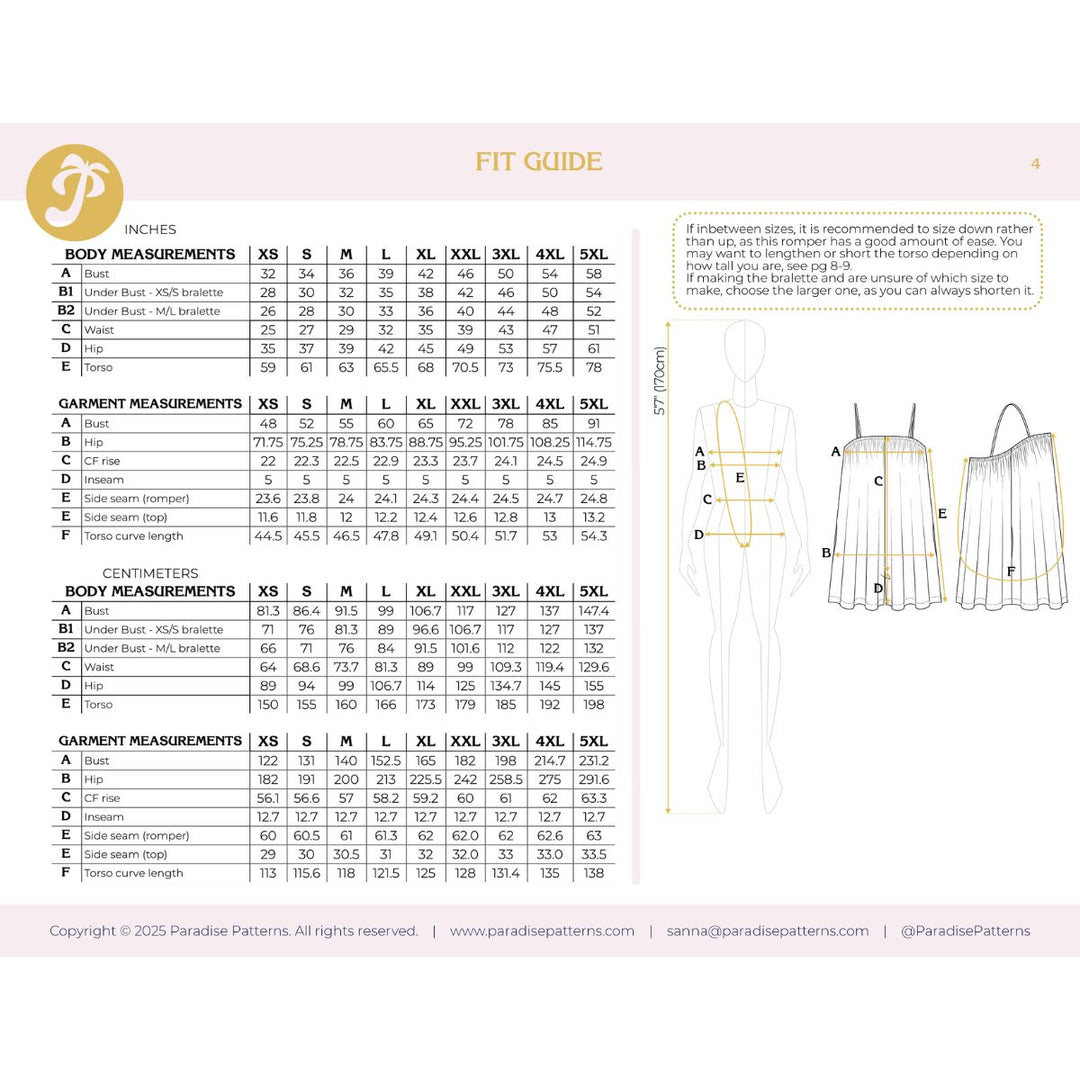 Fit guide with body and garment measurements for clothing patterns on a white background.