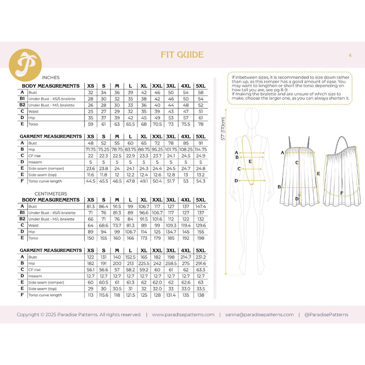 Fit guide with body and garment measurements for clothing patterns on a white background.