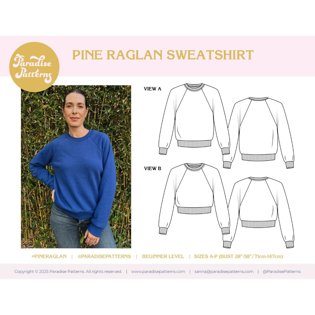Pine Raglan Sweatshirt pattern with a person wearing the sweatshirt and design views.