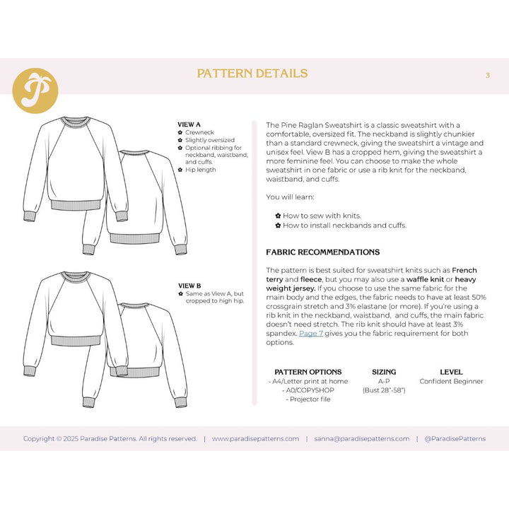 Pattern details for a Pine Raglan Sweater with fabric recommendations and size information.