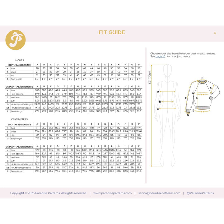 Fit guide for a garment with measurements and illustrations on a white background