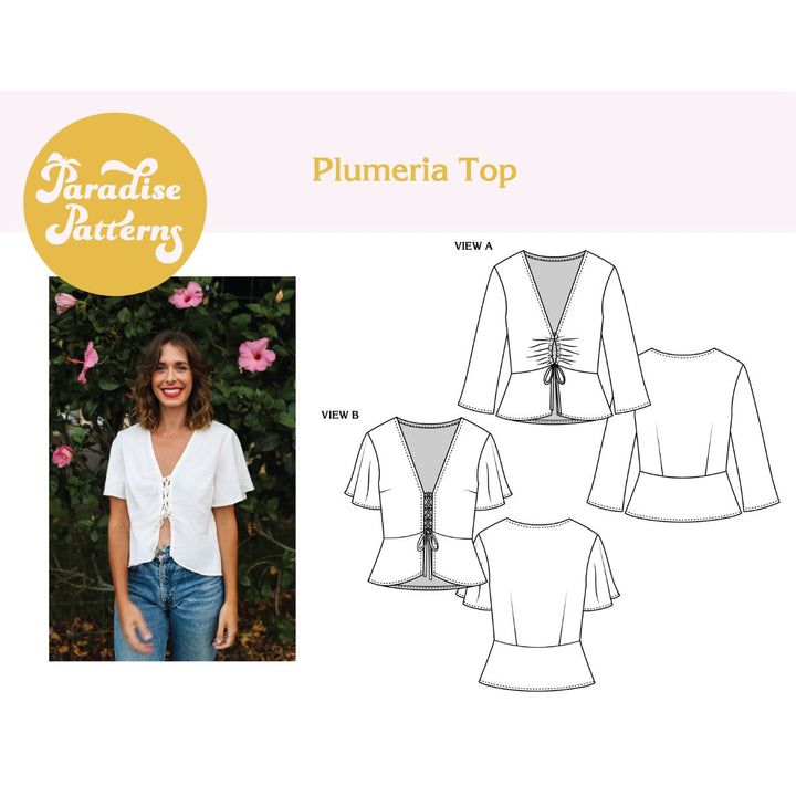 Sewing pattern for a 'Plumeria Top' with a model wearing the top and floral background.