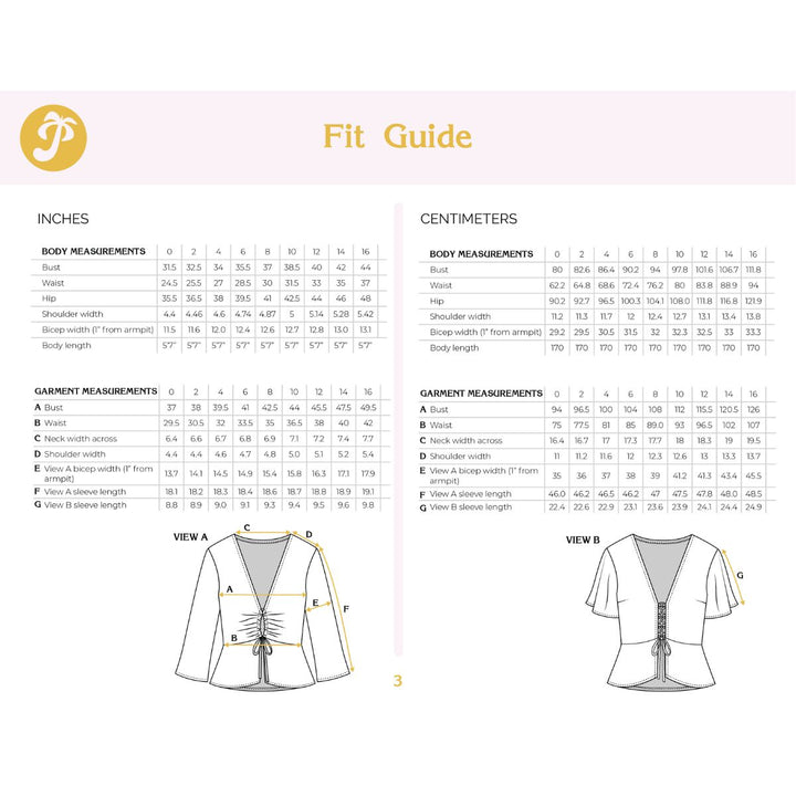 Fit guide for clothing with measurements in inches and centimeters, and garment views.