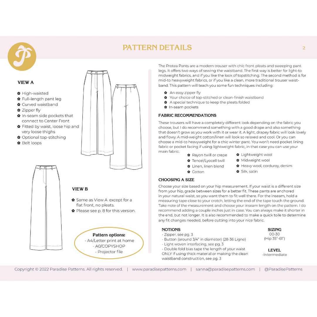 Pattern details for Protea Pants with fabric recommendations and size chart on a white background.