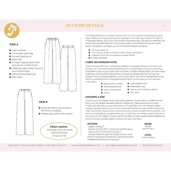 Pattern details for Protea Pants with fabric recommendations and size chart on a white background.
