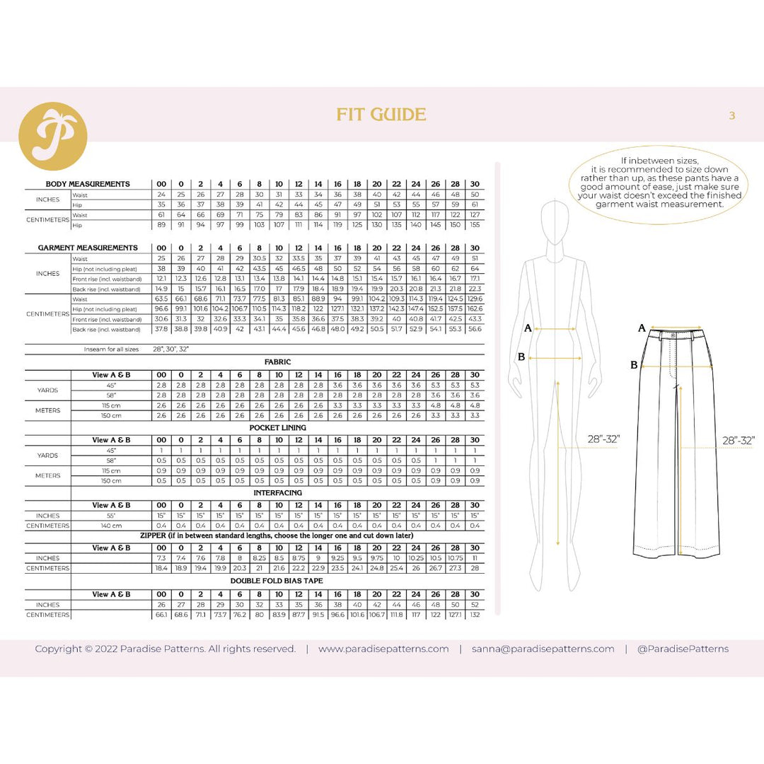 Fit guide for garment measurements with a mannequin and measurements on a light pink background.