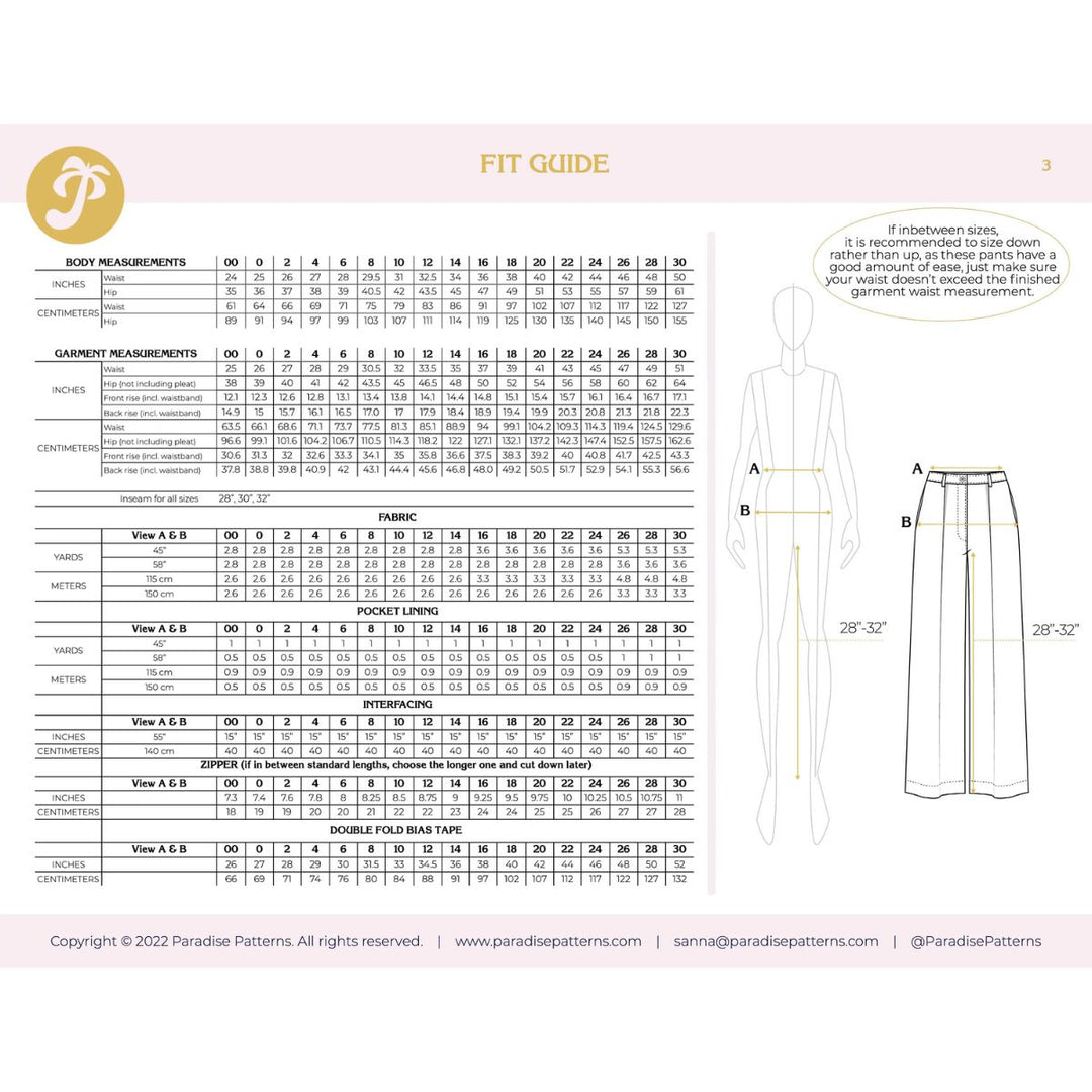 Fit guide for garment measurements with a mannequin and measurements on a pink background